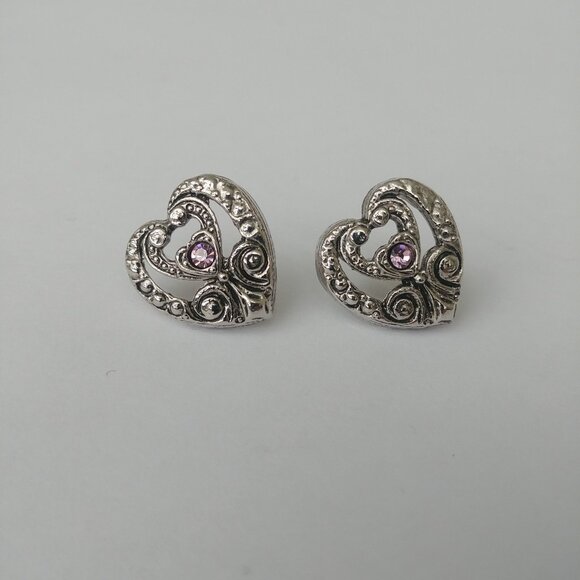 Jewelry - Vintage silver tone intricate heart earrings with purple pink stone